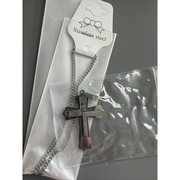 Double Silver Cross Pendant 24 Inch Chain Stainless Steel Religious Gift Faith - Picture 6 of 6